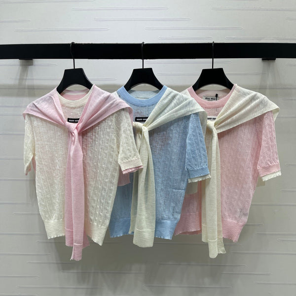 Miu 2026 Shawl Striped Knit Short Sleeve Tencel 397433