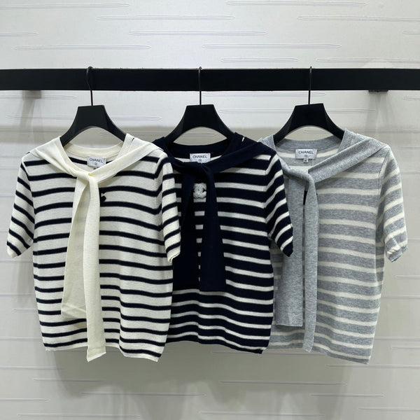 CC 2026 Shawl-Style Striped Knit Short-Sleeve Top Viscose 677747