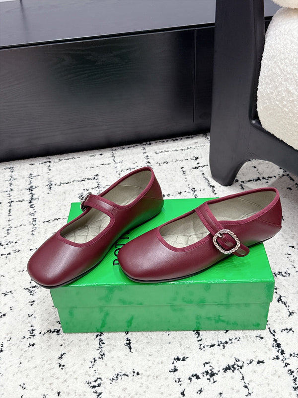 BV 26W Mary Jane Flats Square Toe Buckle Strap Leather 139792