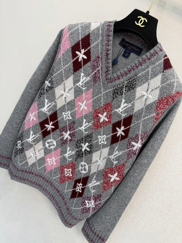 LV 26S V-Neck Argyle Knit Sweater Multicolor Wool 433756