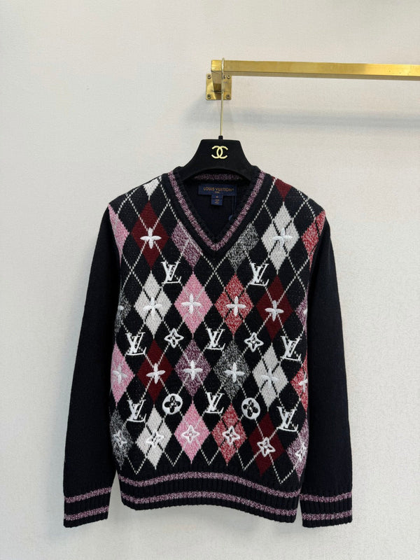 LV 26S V-Neck Argyle Knit Sweater Multicolor Wool 433756