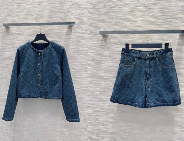 LV 26S Quilted Denim Jacket & Diamond-Grid Denim Shorts Set Cotton 436585
