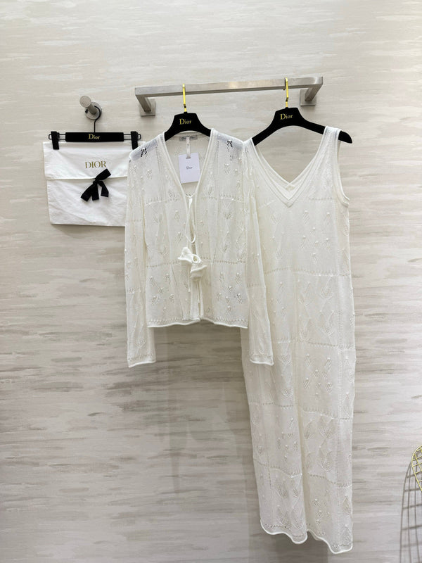 CD 26S Open-Knit Cardigan & V-Neck Slip Dress Set 437215