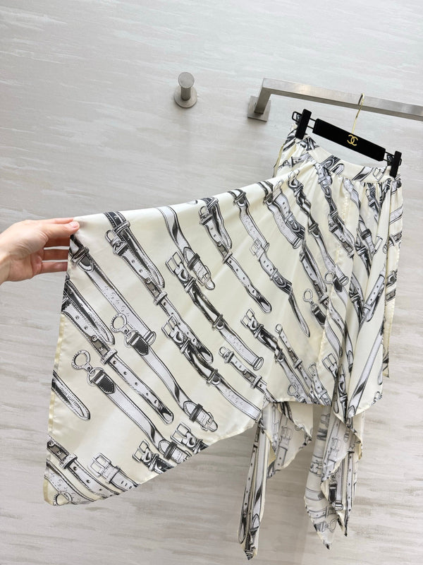 LV 26S Reversible Buckle Up Bomber Jacket & Asymmetrical Skirt Set Cream Black Silk Satin 436964