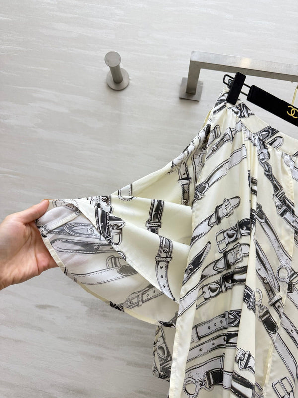 LV 26S Reversible Buckle Up Bomber Jacket & Asymmetrical Skirt Set Cream Black Silk Satin 436964