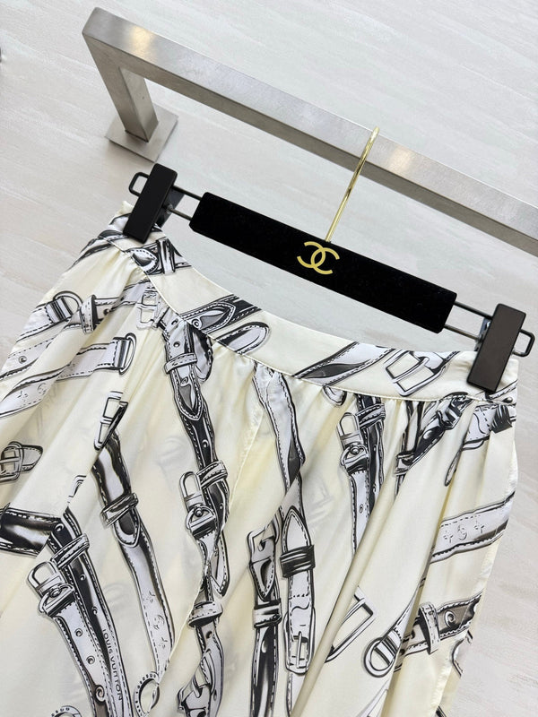LV 26S Reversible Buckle Up Bomber Jacket & Asymmetrical Skirt Set Cream Black Silk Satin 436964