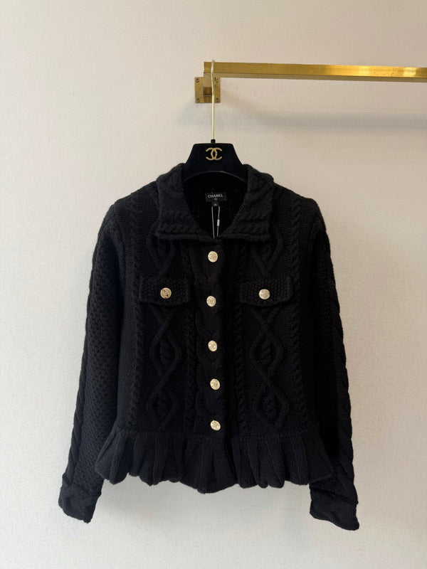 CC 2026 Cable Knit Ruffle Hem Collared Cardigan Jacket Cashmere 438210