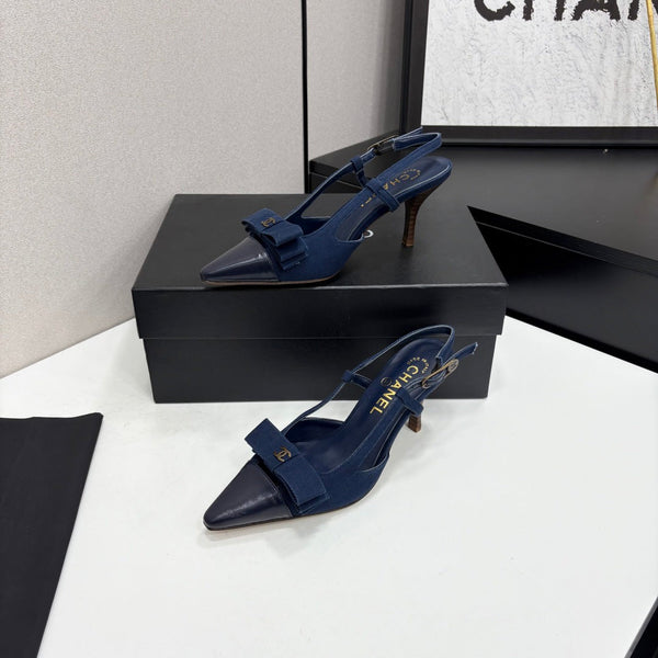 CC 26FW Slingback Pumps Bow Detail Denim Leather 193794