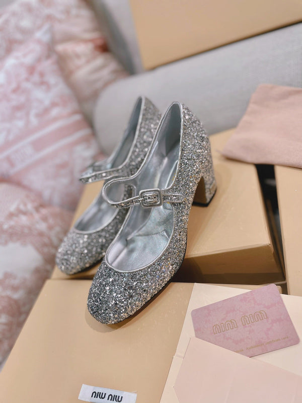 Miu 2026 Round-Toe Pumps 65mm Patent Leather Glitter 15550