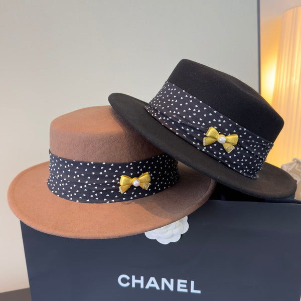 CC Polka-Dot Ribbon Cashmere Flat-Top Hat 491493