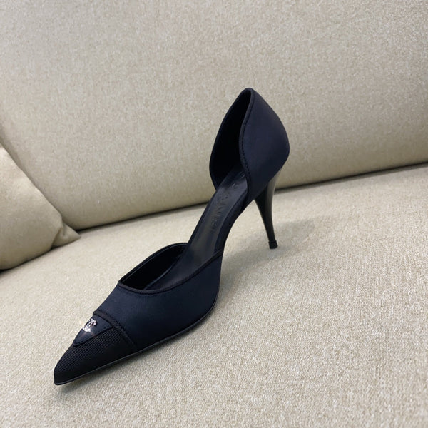CC 26S Vintage Slingback Pointed-Toe Double CC Crystal Navy Black Silk Satin 156358