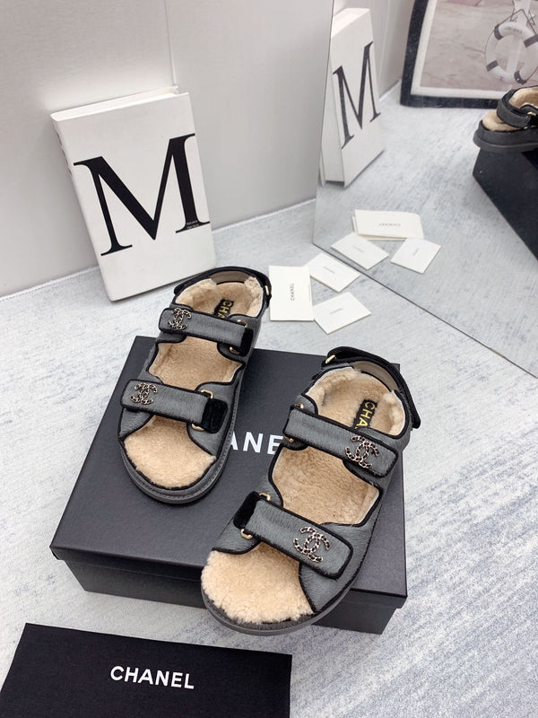 CC 26FW Shearling Sandals Triple Straps Pony Hair 161805