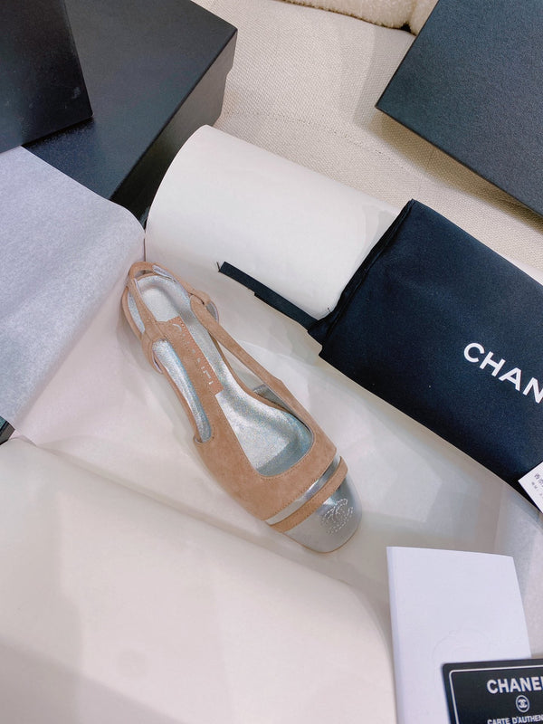 CC 26S Slingback Flats Square-Toe 4cm Colorblock Suede Leather 156344