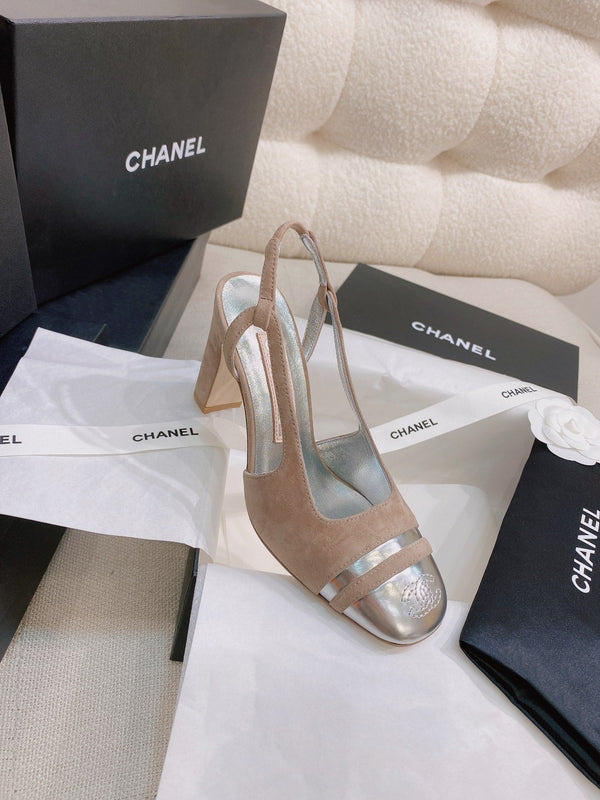CC 26S Slingback Flats Square-Toe 9cm Colorblock Suede Leather 156339
