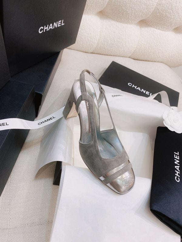 CC 26S Slingback Flats Square-Toe 9cm Colorblock Suede Leather 156339