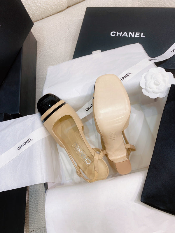 CC 26S Cap-Toe Slingback Pumps Block Heel 9cm Patent Leather 156342