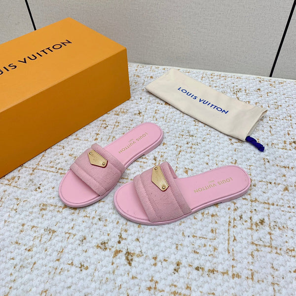 LV Monogram Flat Mules Quilted Denim Strap Gold Plaque 159240