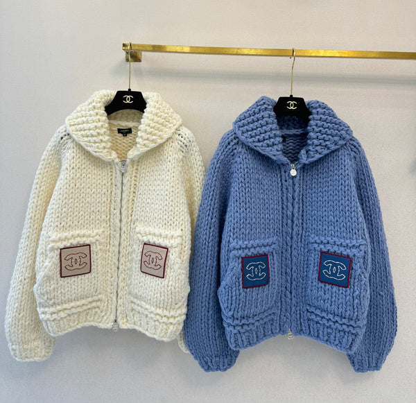CC 26S Chunky Knit Zip-Up Cardigan Shawl Collar Pockets Cashmere 433509