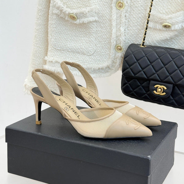 CC Mesh Slingback Pumps Pointed Toe Embossed Logo Calfskin 841967