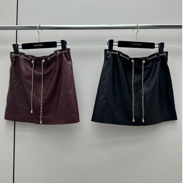 CC 26K Short Skirt Chain Drawstring Waist Side Split Leather 435097