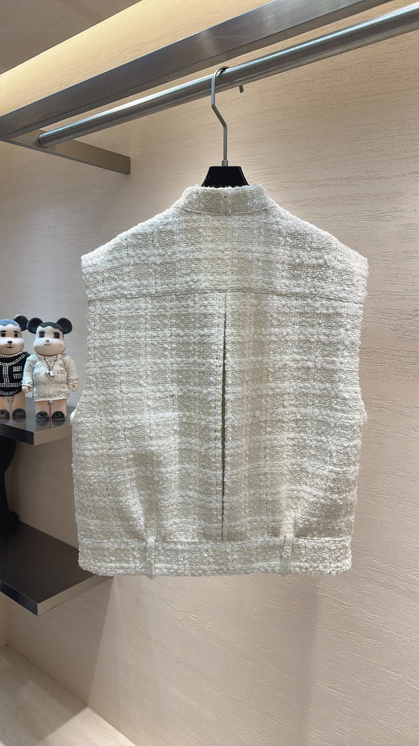 CC Stand-Collar Vest Jacket Cream White Tweed 415627