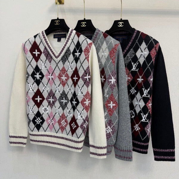 LV 26S V-Neck Argyle Knit Sweater Multicolor Wool 433756
