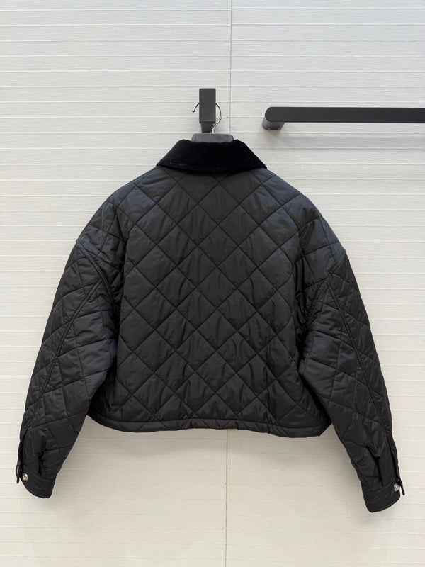 Prad 26FW Diamond-Quilted Cropped Jacket Corduroy Collar Polyester 440516