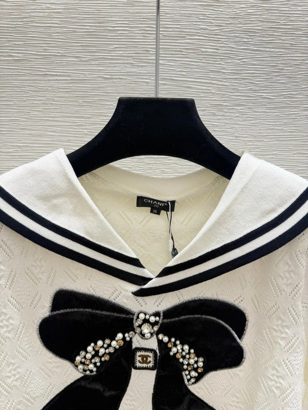 CC 2026 Bow Beaded Sailor Collar Knit Long Sleeve White Black Wool 913499