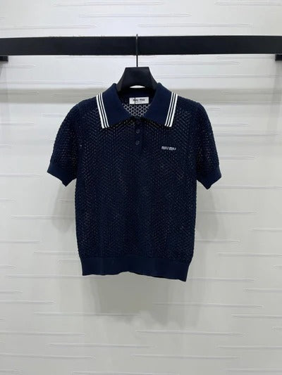 Miu 2026 Hollow-out Knitted Collared Short-sleeved T-shirt Wool Cashmere 374995