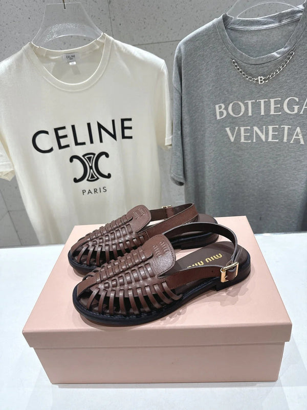 Miumiu 26ss Flat Sandals Brown Woven Cowhide 713122
