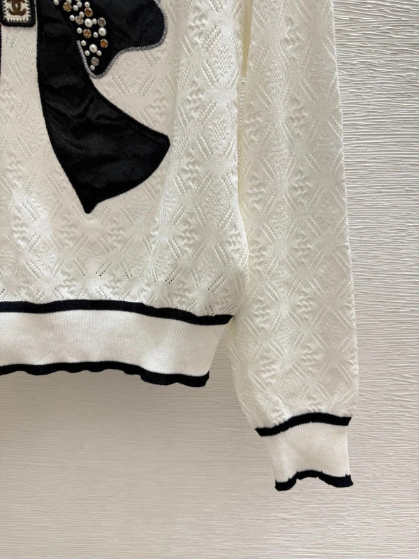 CC 2026 Bow Beaded Sailor Collar Knit Long Sleeve White Black Wool 913499