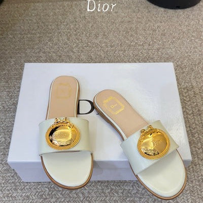 CD 26A Slippers Cannage Embroidered Cowhide Gold Logo