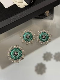 Chanel 2026 Green Enamel Openwork Pearl Teardrop Crystal Silver Snowflake Earrings