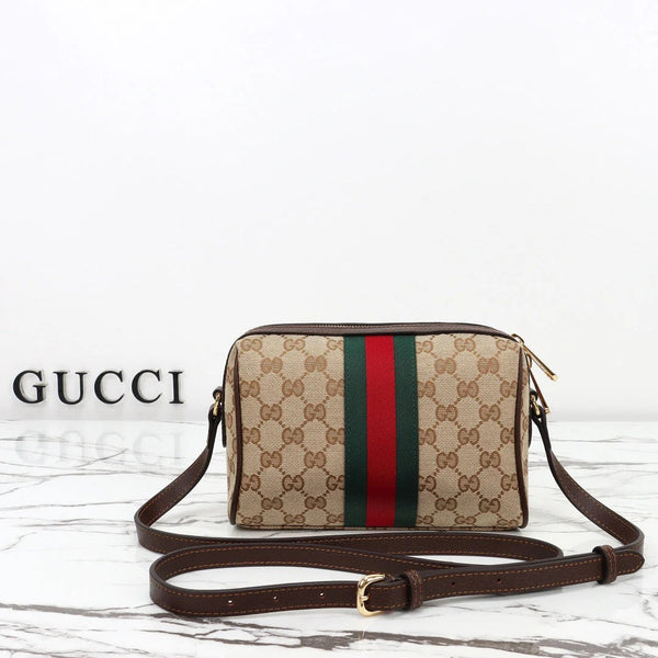GG 2026 Horsebit Web Camera Bag 22cm Sand mix Brown Canvas Leather