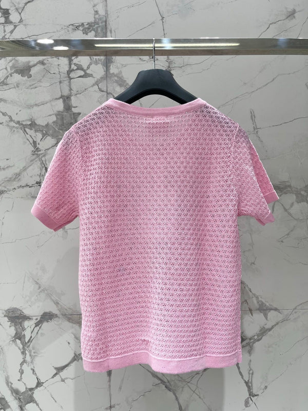 CD 2026 Embroidered Bow Knit Short-sleeved Top Pink Tencel 714725