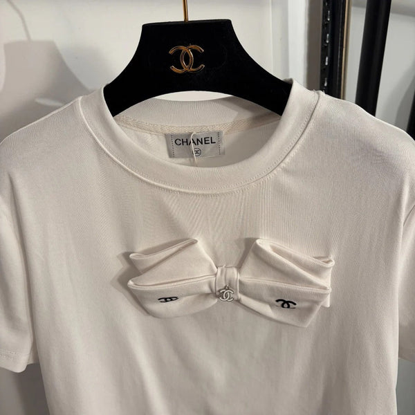 Chanel 2026 Logo Bow Short-sleeved T-shirt White Cotton 150111