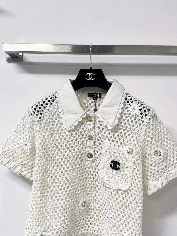 CC 2026 Daisy Pattern Knit Short-Sleeve Shirt White Wool 673370