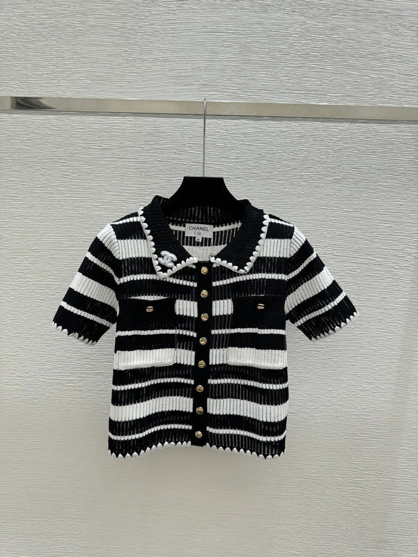 Chanel 2026 Striped Collared Knitted Short-Sleeve Cardigan 170591