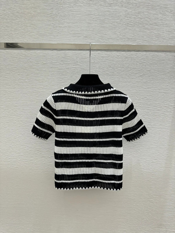 Chanel 2026 Striped Collared Knitted Short-Sleeve Cardigan 170591