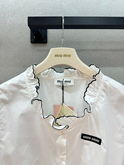 Miu 2026 Ruffled Trim Shirt White Black Cotton 375185