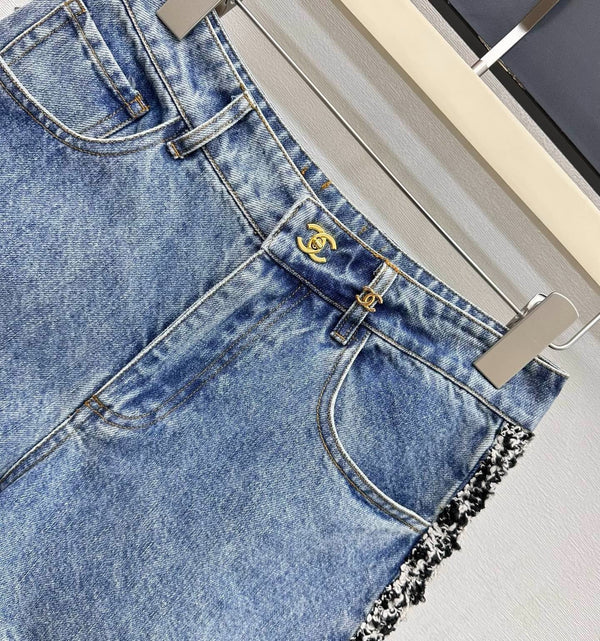 Chanel 2026 Patchwork and Hemmed Denim Shorts Blue Cotton 239252