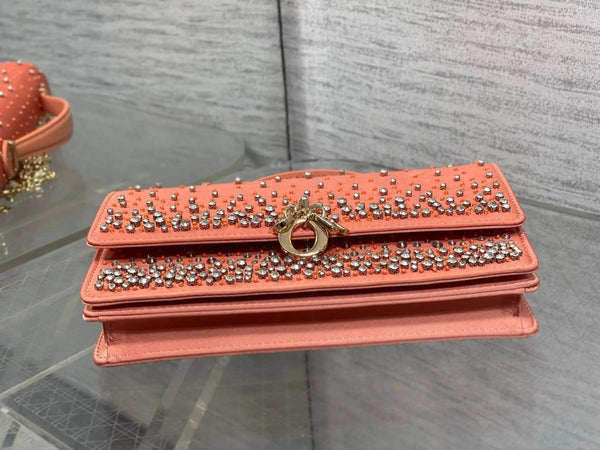 CD 2026 Crystal Embellishments Lady Bag 24cm Coral Orange Leather 355276