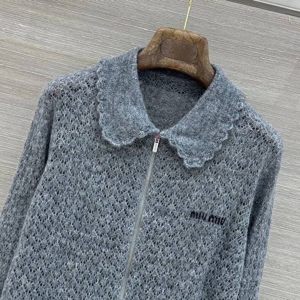 Miu 2026 Lace-trimmed Collared Knit Cardigan Grey Wool 837496