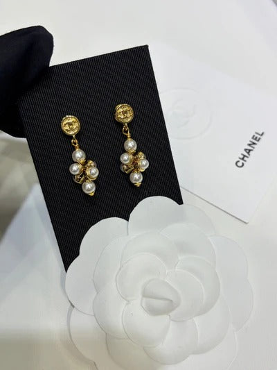 Chanel 2026 Silver Double C Pearl Flower Earrings