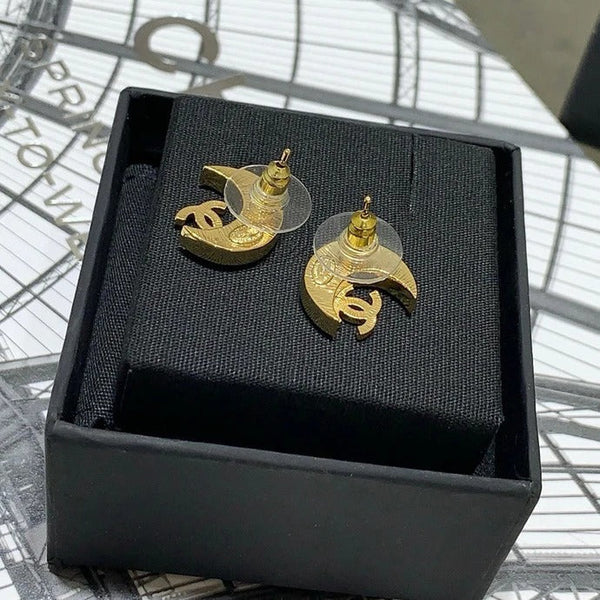 CC Black Enamel Full Diamond Double C Moon Earrings