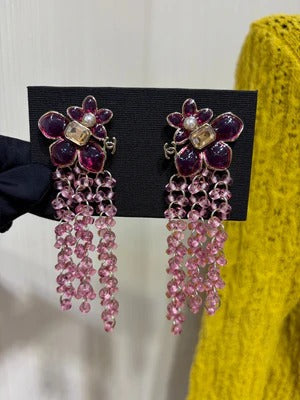 Chanel Double C Pink Purple Flower Beaded Tassel Earrings