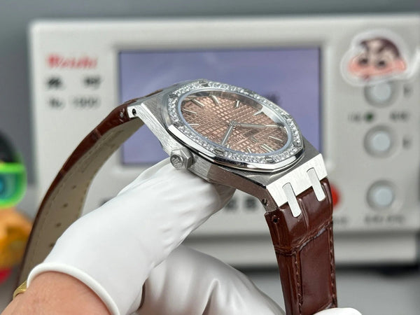 Audemars Piguet Royal 33mm Pink Gold Dial Diamond Bezel Crocodile Leather