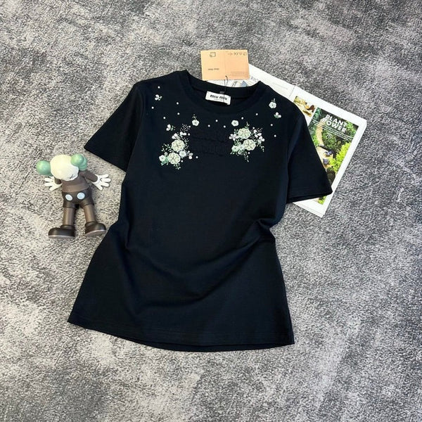 Miu 2026 Floral Embroidered Short-Sleeve T-Shirt Cotton 374766
