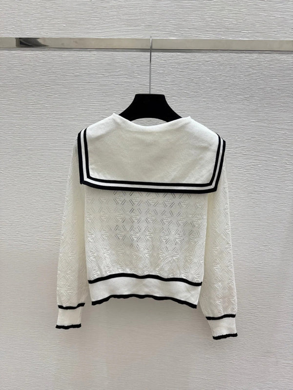 CC 2026 Bow Beaded Sailor Collar Knit Long Sleeve White Black Wool 913499