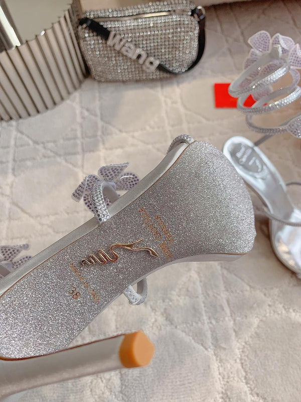 RC 2025 Margot High Heeled Sandal With Floral Embellishment Silver Leather 898021